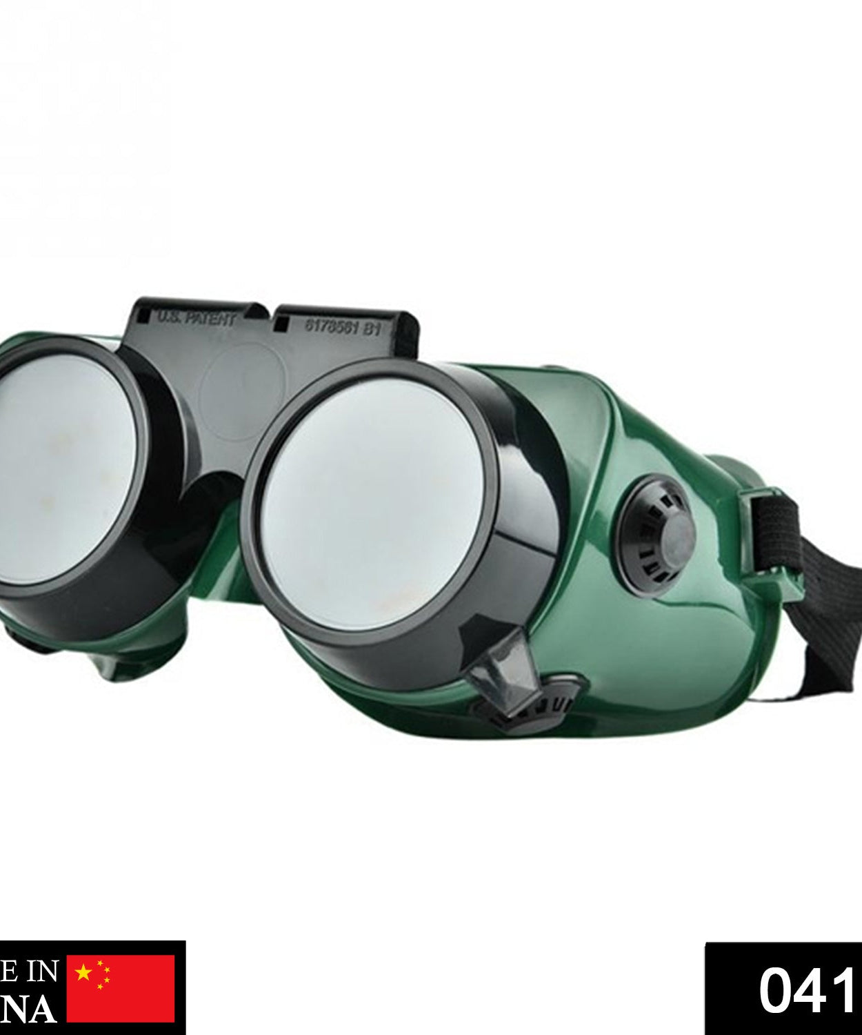 Large dark green welding goggles for protection.
