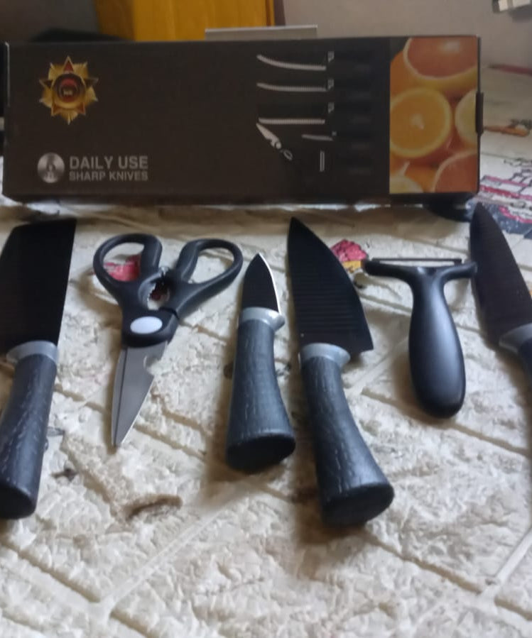 6 Pieces Professional Kitchen Knife Set, Meat Knife, Chef's Knife with Non-Slip Handle for Home, Kitchen and Restaurant with Chef Peeler and Scissor (Stainless Steel / 6 Pcs Set)