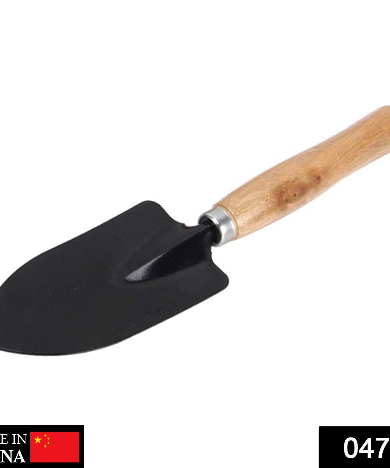 Hand digging trowel with steel blade and black grip.