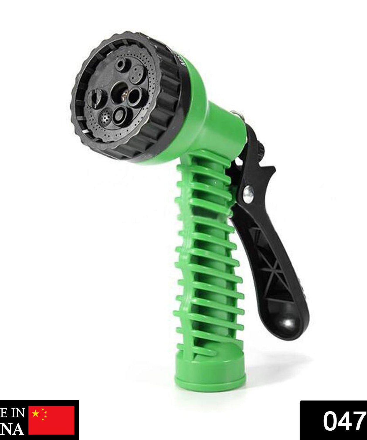 Water spray gun with hose connector and tap adapter.