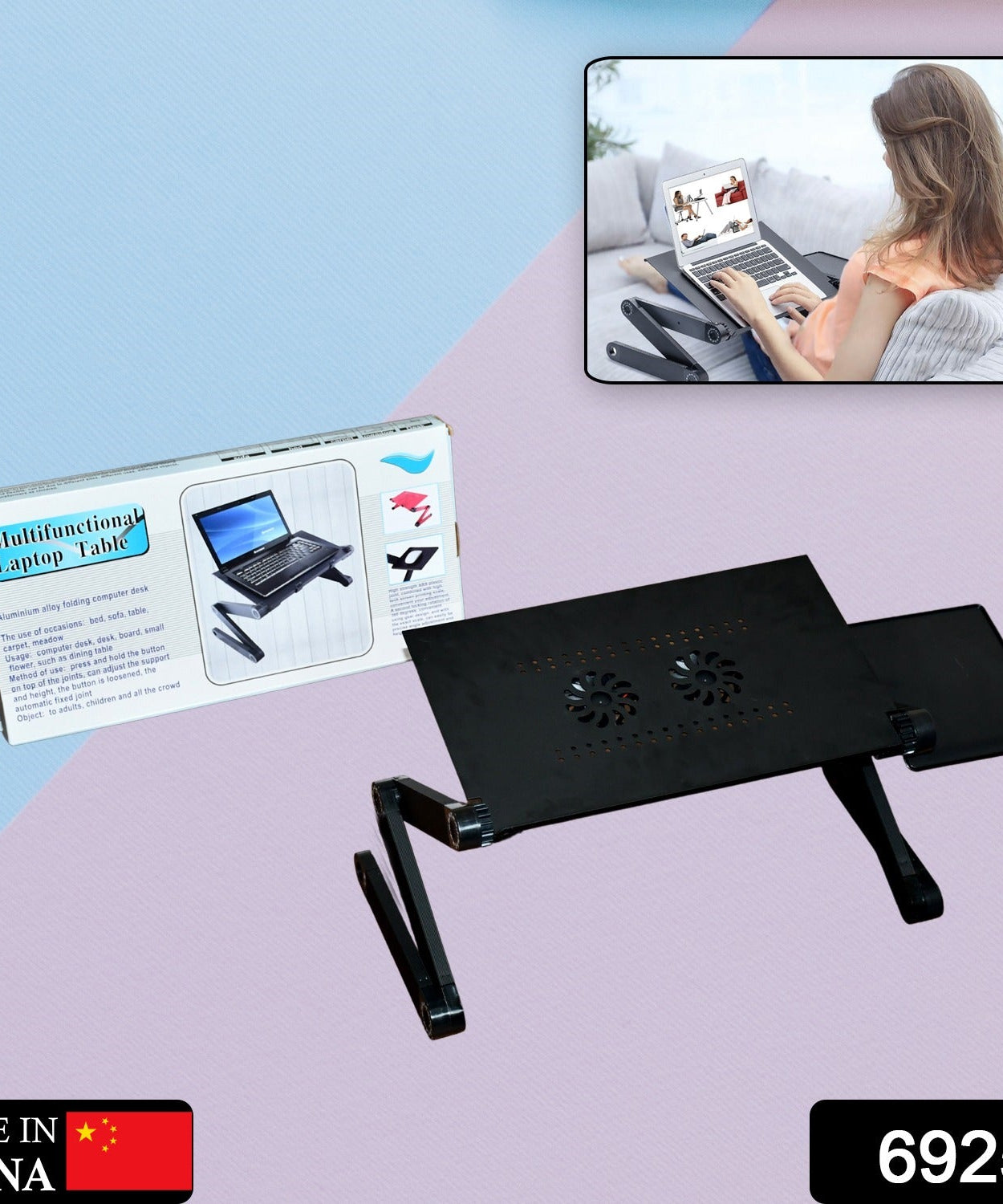 Modern foldable laptop stand with built-in cooling fans, adjustable and portable.