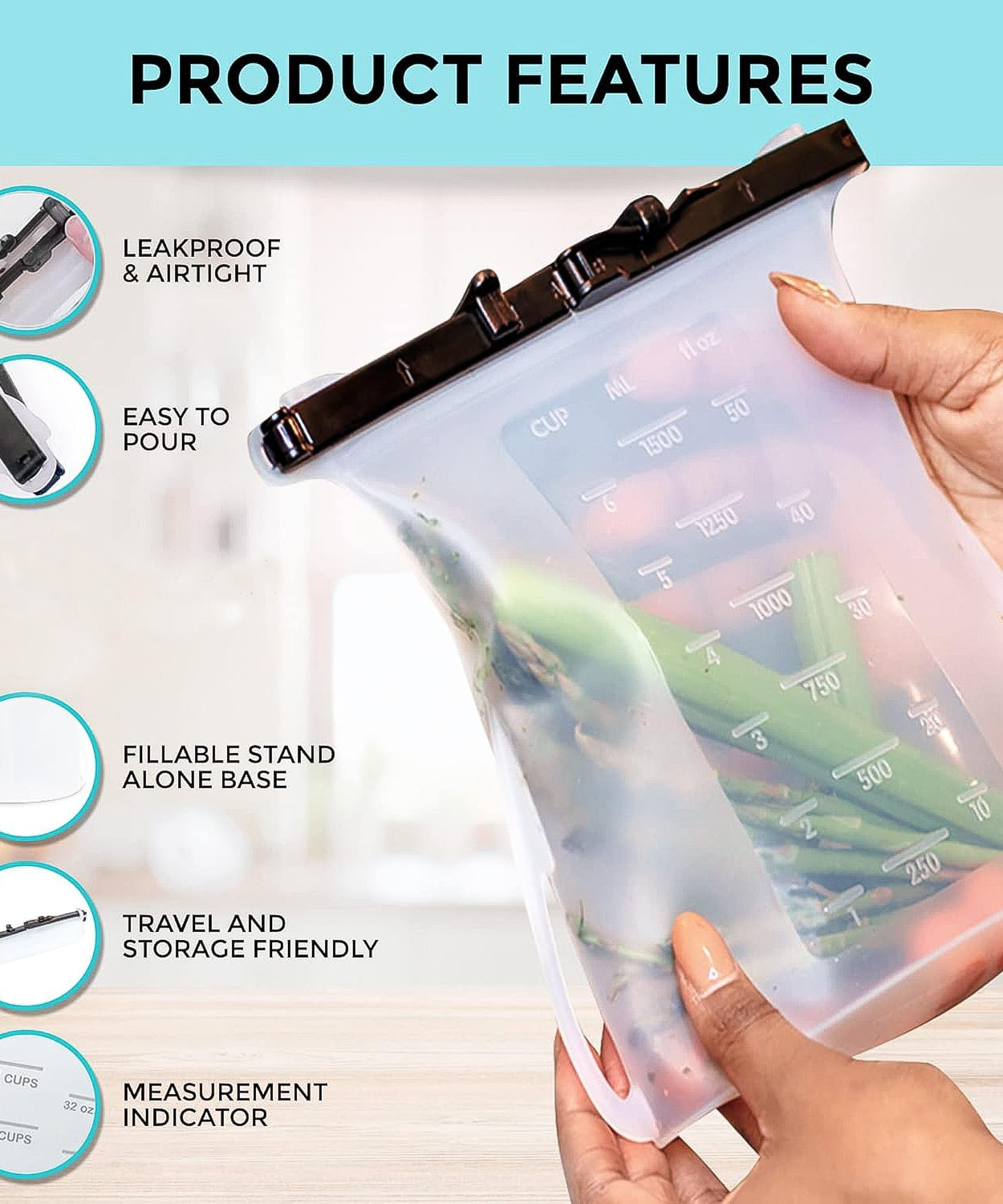 Reusable Silicone Food Storage Bag – Leakproof, Flat Bottom, Freezer & Microwave Safe, BPA-Free Snack & Sandwich Bag (1 Pc)