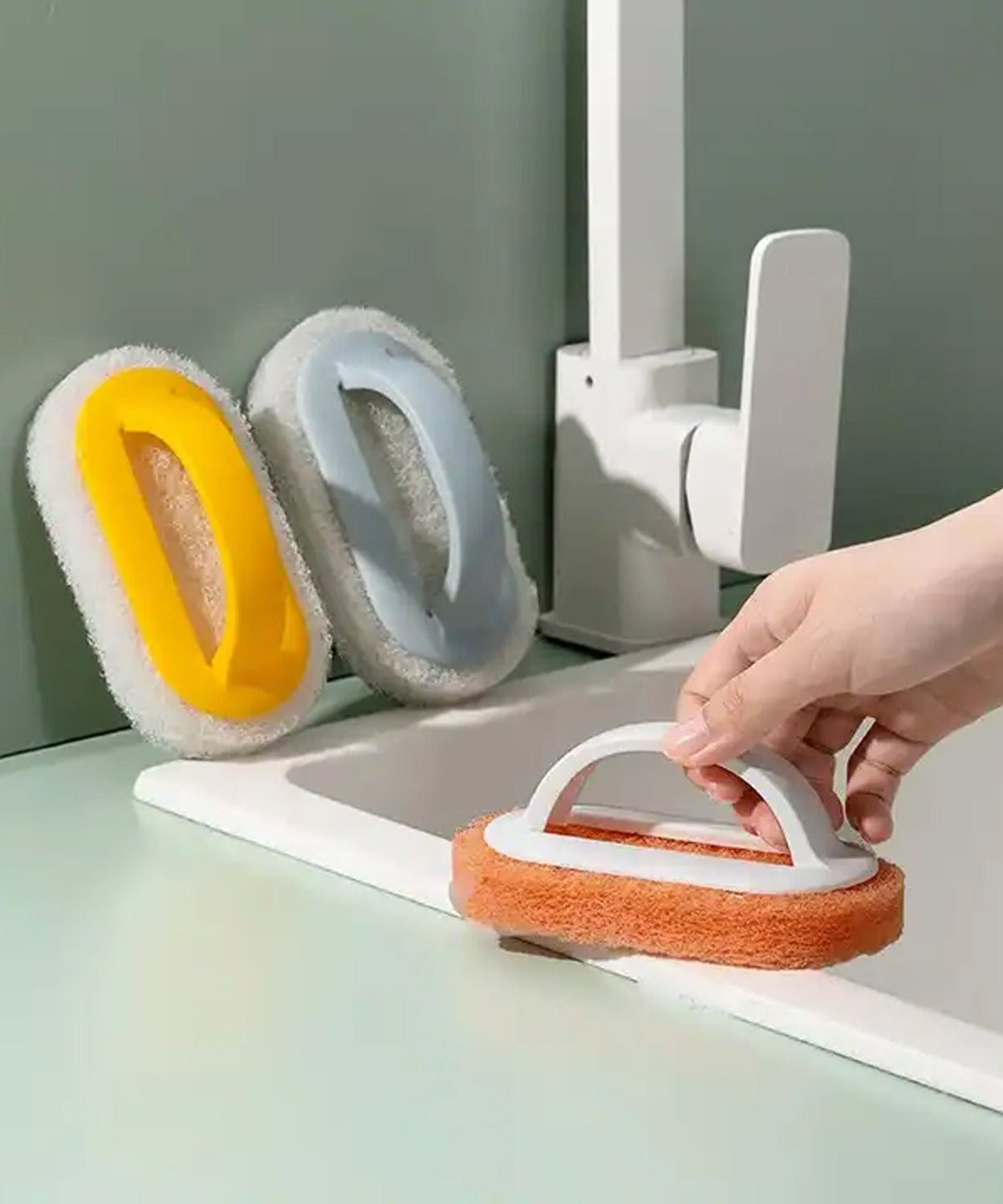 Washable pot brush with handle for kitchen cleaning