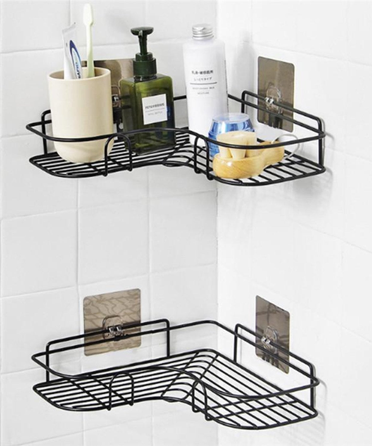 Adhesive corner storage rack for bathroom