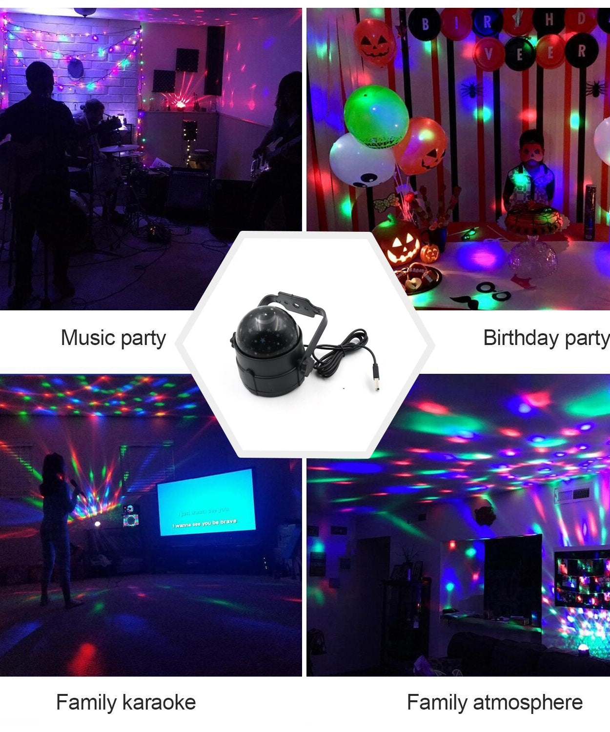 Colorful rotating disco ball light, LED modes for holiday parties