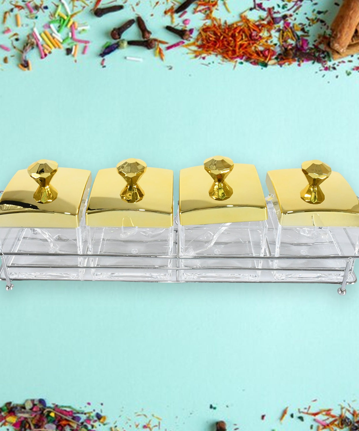 Storage Jar Set One Set with 4 Jars with Lids, Tray & 4 Spoon for Coffee, Tea, Sugar for Storage jar With Tray for Home Kitchen