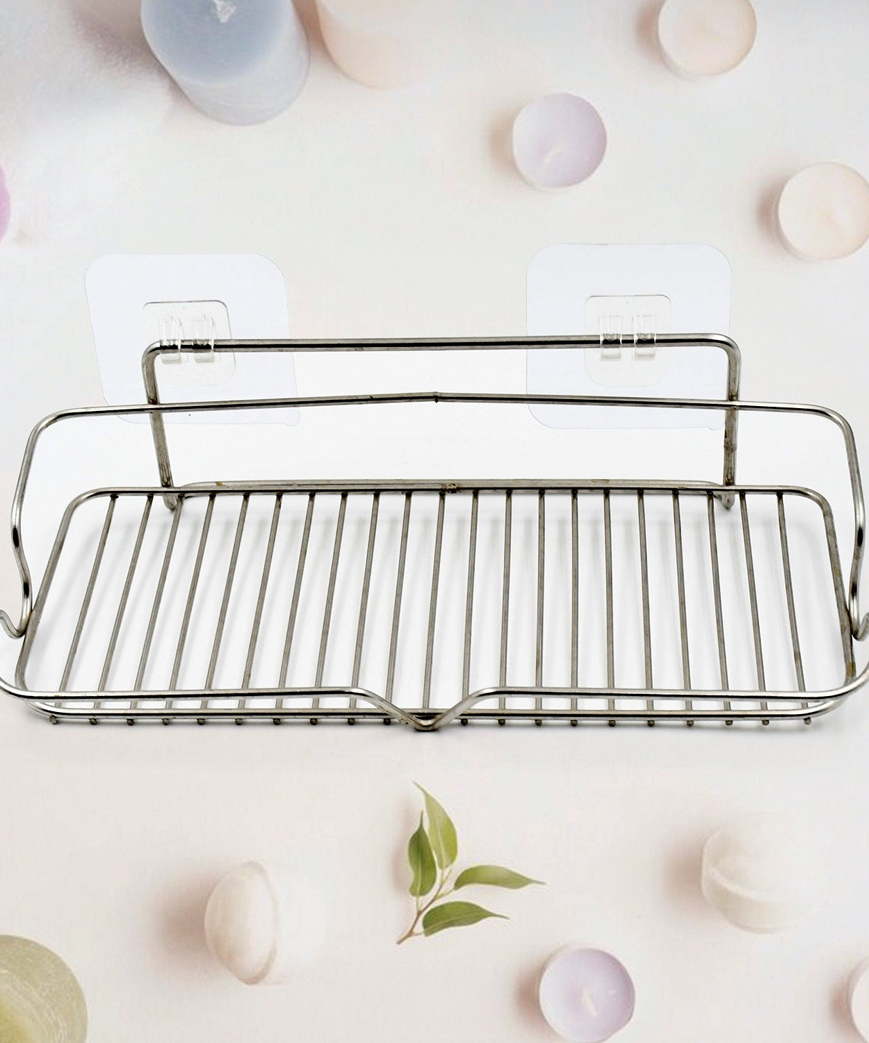 Stainless Steel Kitchen Bathroom Shower Shelf Storage Suction Basket Rack With 2 Hook (1 Pc)