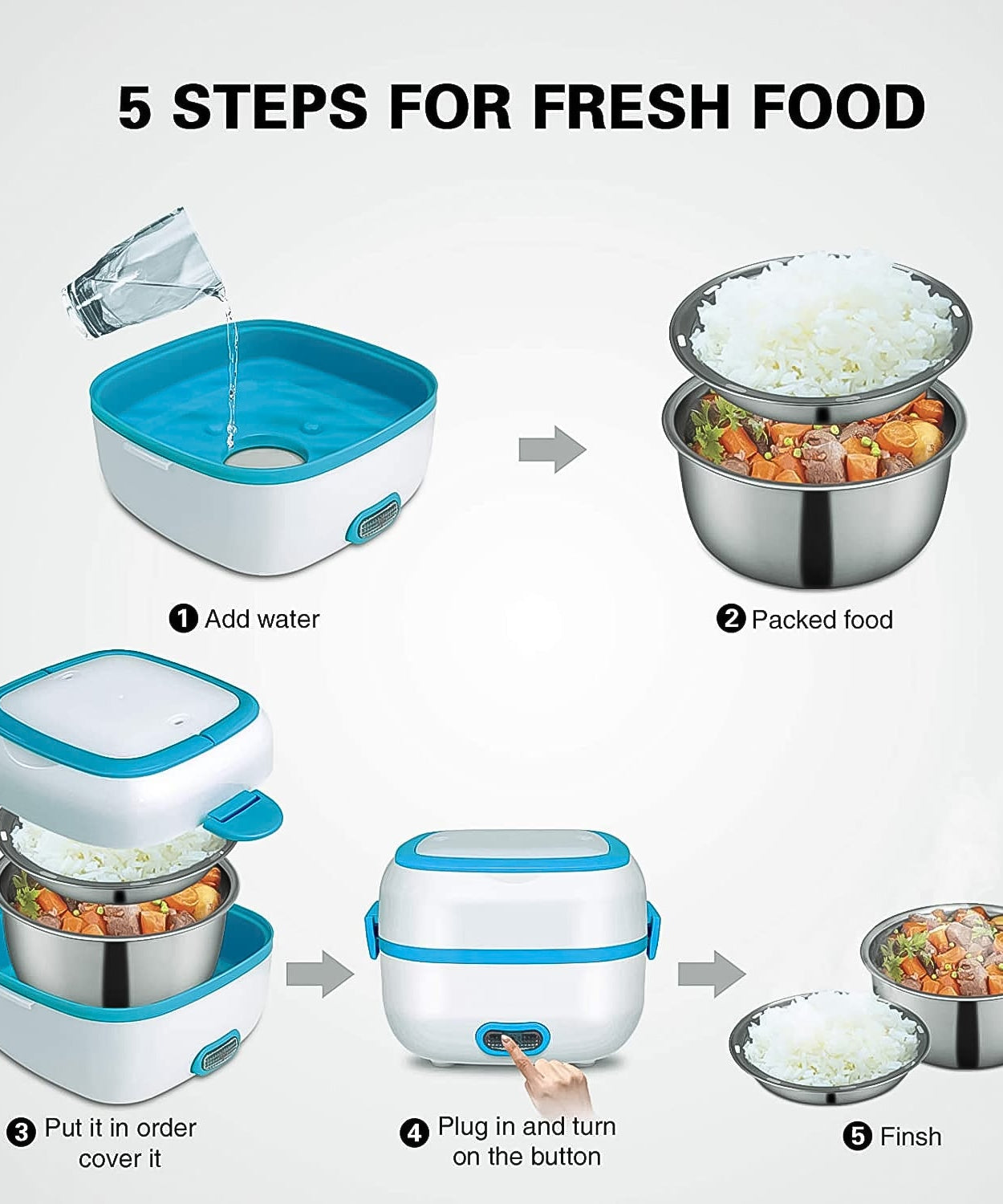 Electric Lunch Box, 3 In 1 Food Heater / Cooker / Steamer with Stainless Steel Bowls (1 Set)