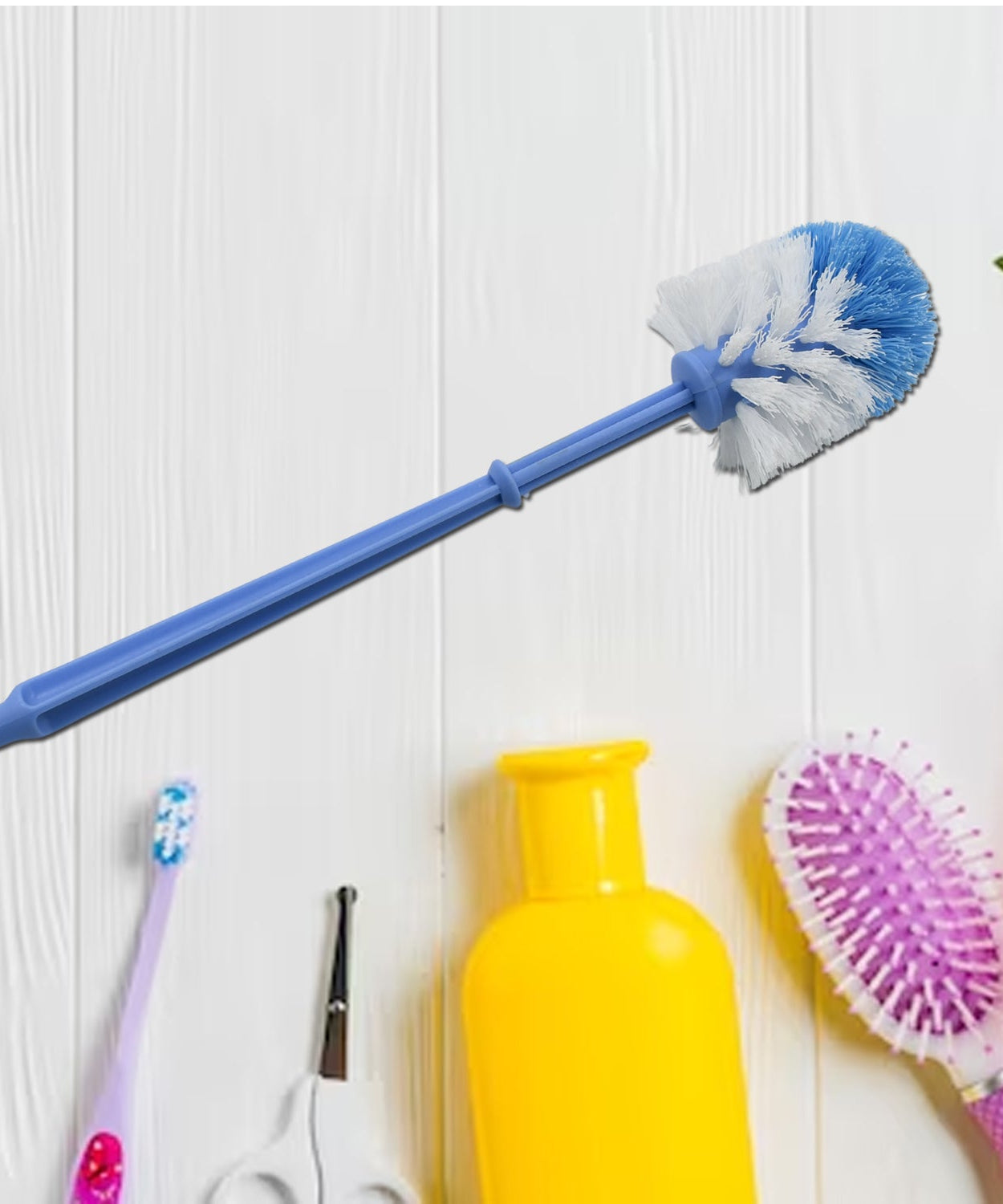 Round toilet brush with hockey stick handle