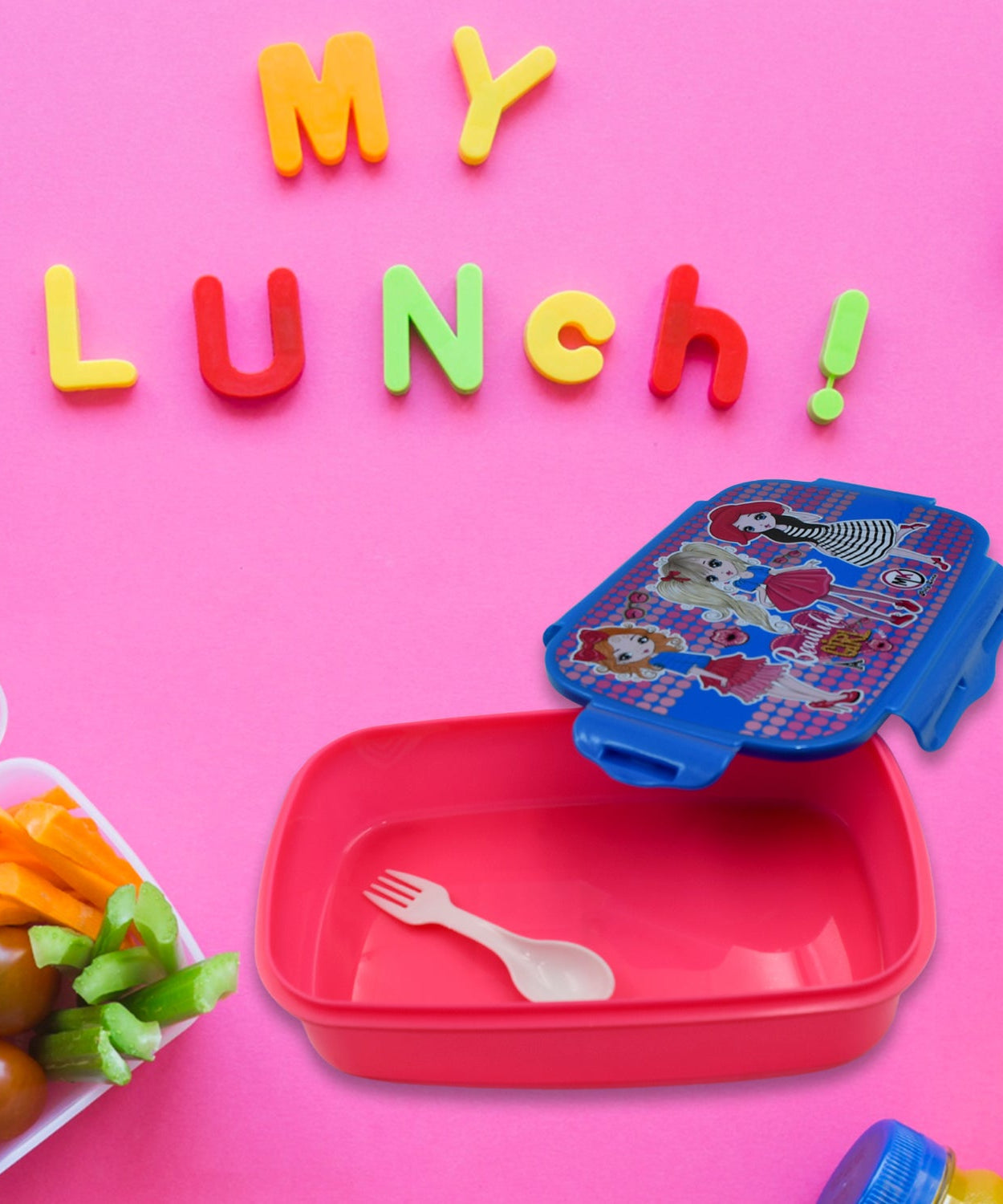 Food container for school kids, cartoon print, spoon inside