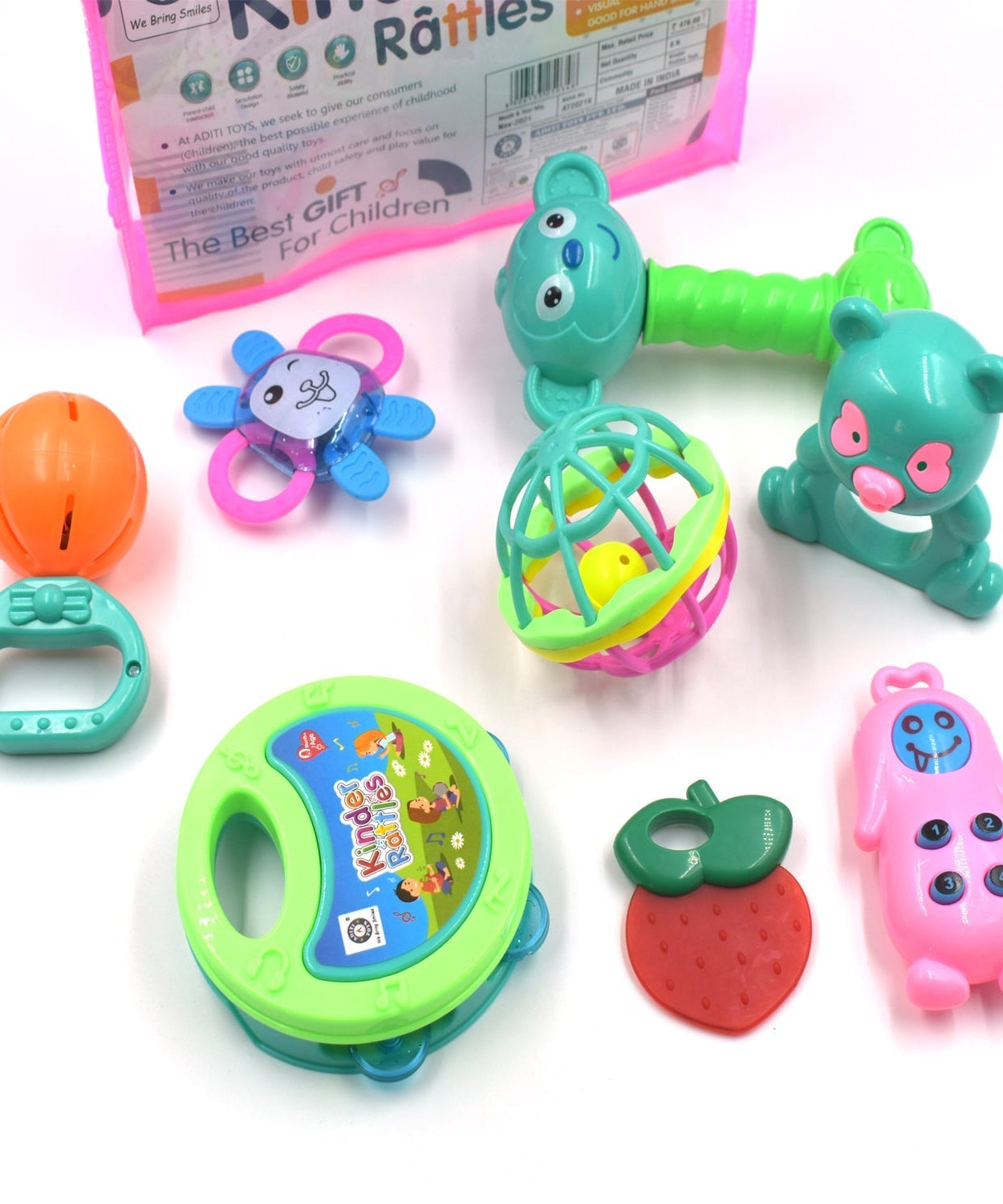 Multi-colored baby rattle toy for infants, enhancing motor skills and sensory play.