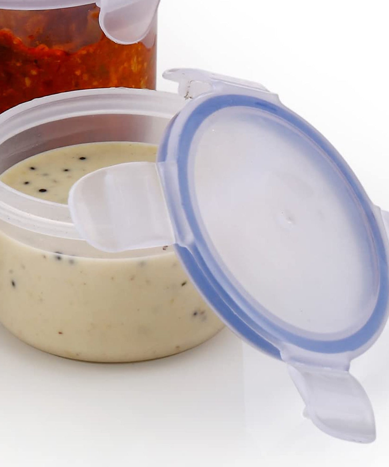 Plastic food storage container with leak-proof and airtight lid, ideal for keeping contents fresh.