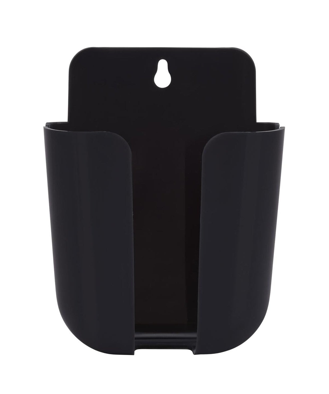 Multicoloured wall-mounted storage box for organizing remotes and more.