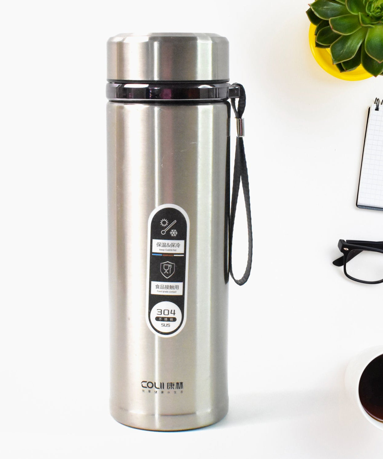 Stainless Steel Vacuum Insulated Water Bottle – 900ML Approx, Leak-Proof, Wide Mouth with Hanging Strap (Mix Color)