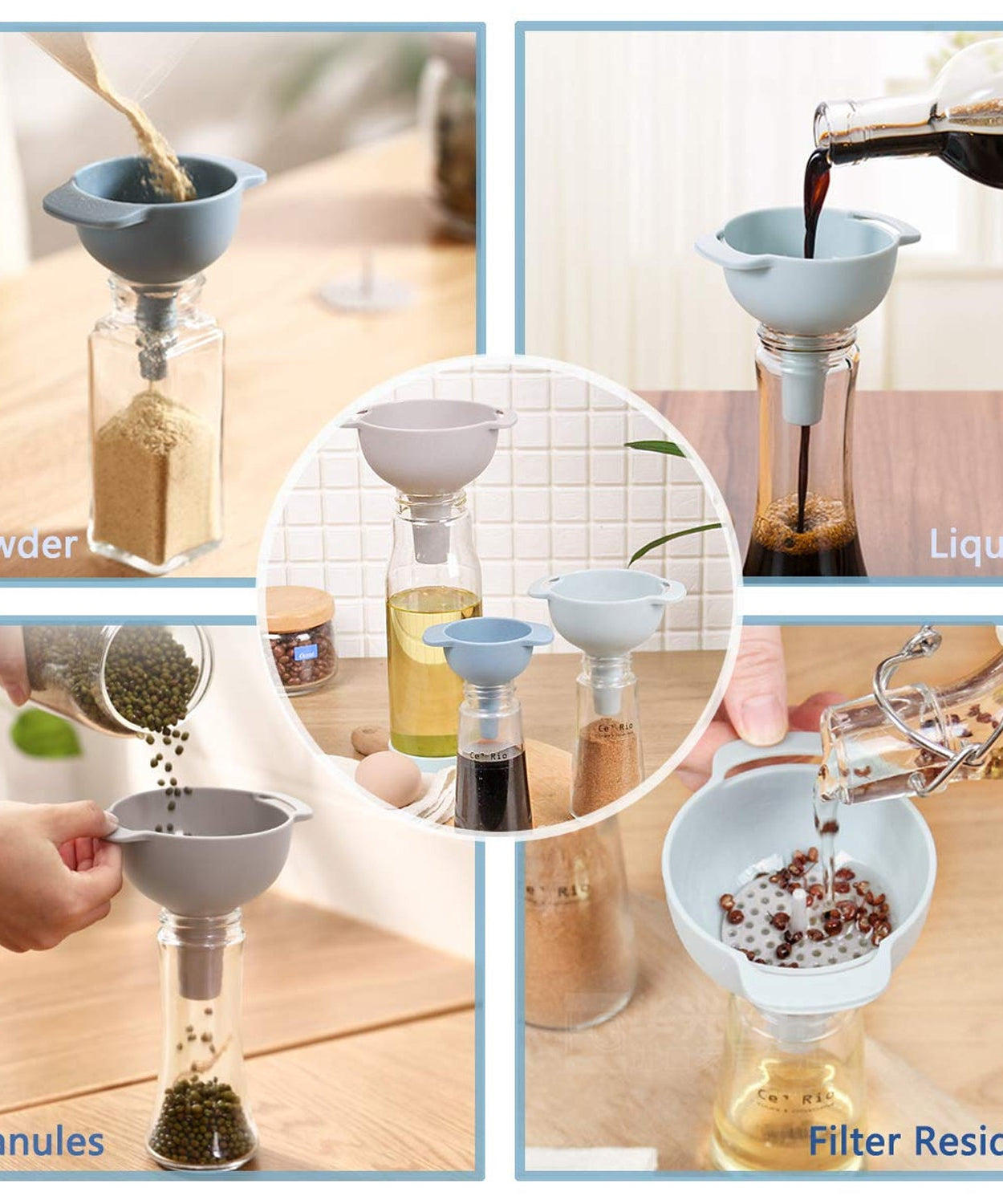 3 in 1 Kitchen Funnel Set of 3, Funnel for Filling Bottle, Small Canning Funnel with Handle, Food Grade Plastic Funnel with Detachable Strainer Filter for Liquid, Dry Ingredients, and Powder