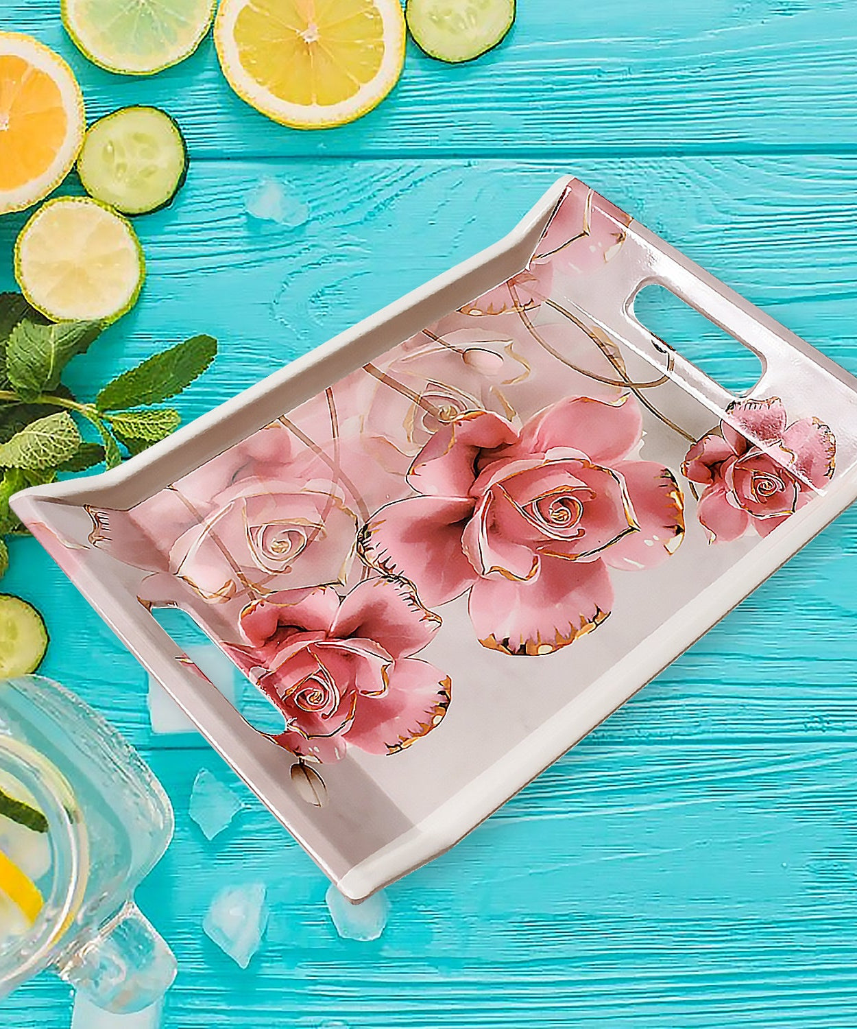 Plastic Rectangular Shape Flower Printed Design Serving Tray 3 pcs Home and Kitchen Use (3 pcs set)