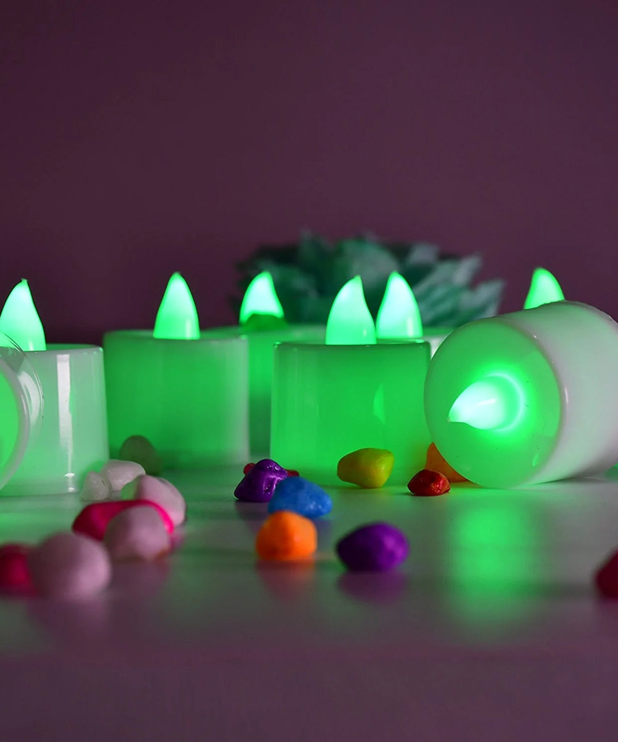 Set of green flameless LED tealights for home decor
