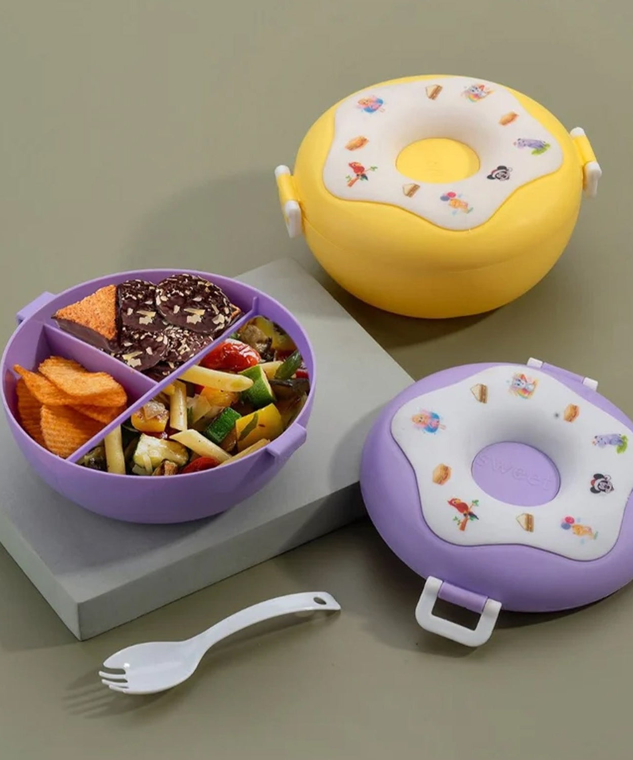 Donut Shaped Double Insulated 3 Compartment Lunch Box (1 Pc / Mix Color)