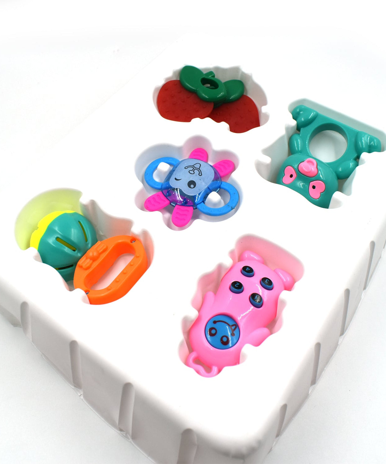 Baby toy rattle with multiple vibrant colors and patterns for visual and tactile stimulation.