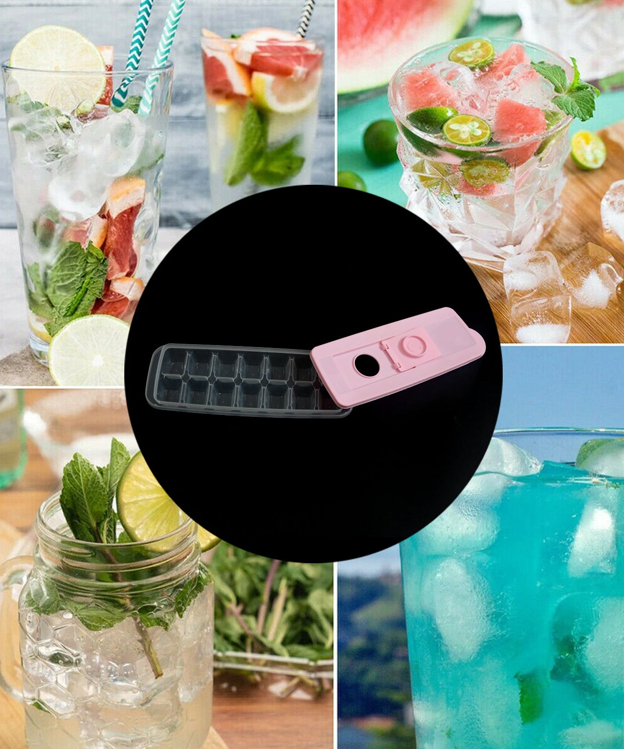 Ice cube tray with lid, flexible silicone, makes 14 cubes, easy to release and dishwasher safe.