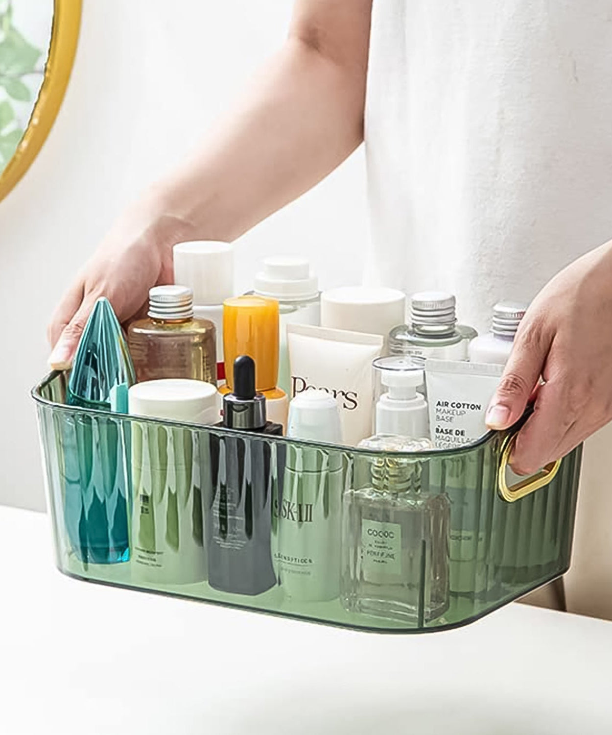 Premium Ribbed Transparent Storage Basket with Gold Handle – Multipurpose Kitchen &amp; Home Organizer Box (25x14cm / 4 Pc)