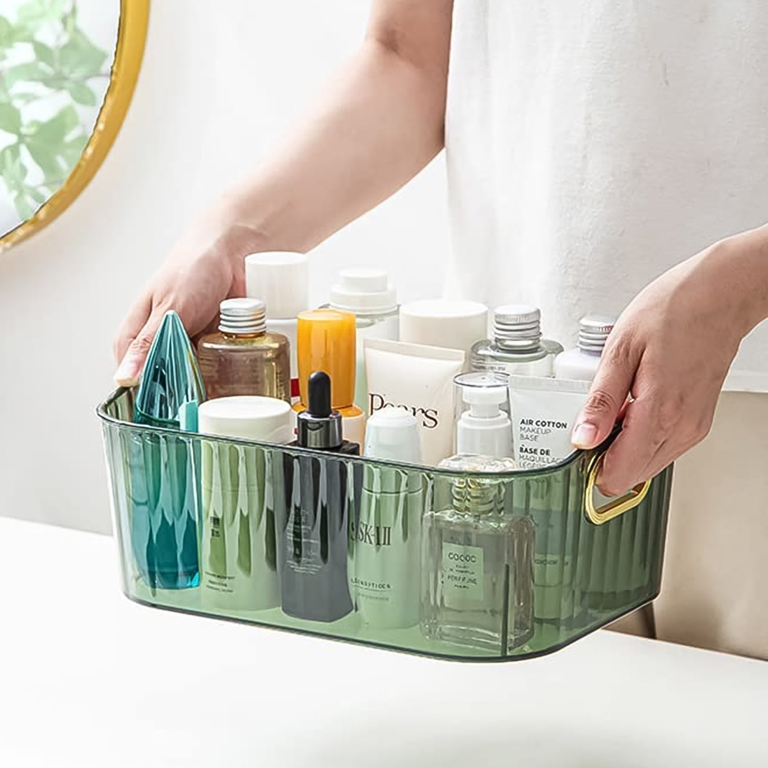 Premium Ribbed Transparent Storage Basket with Gold Handle – Multipurpose Kitchen &amp; Home Organizer Box (25x14cm / 4 Pc)