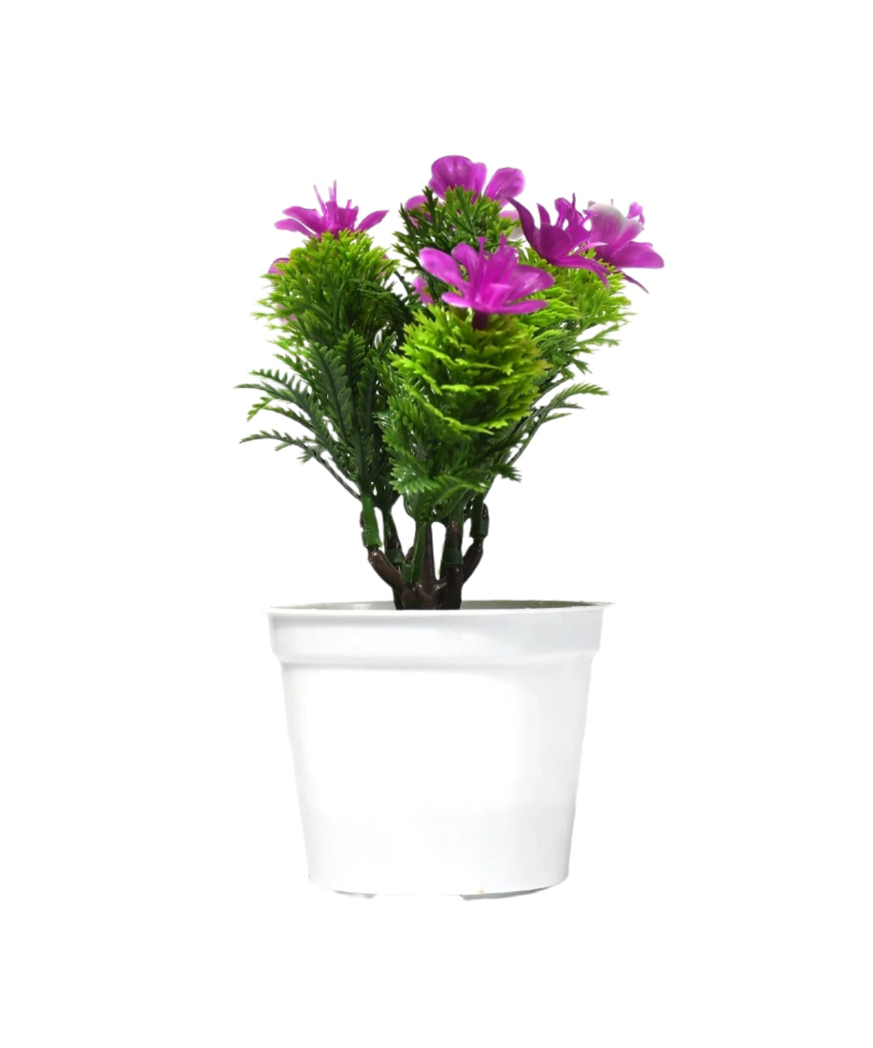 Plastic pot with artificial flowers.