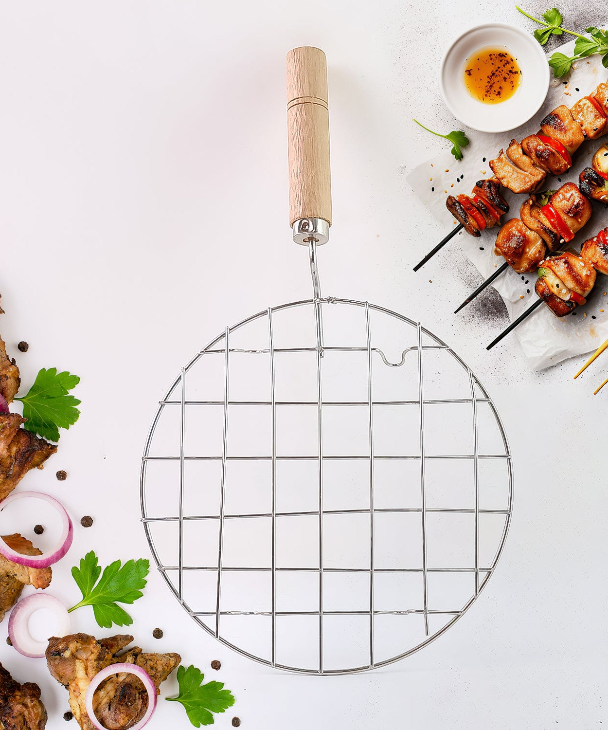 Kitchen Round Stainless Steel Roaster Papad Jali, Barbecue Grill with Wooden Handle