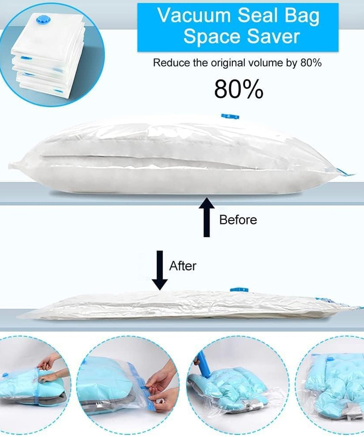 Vacuum Storage Bags with Suction Pump & Shirt clips - Vacuum Bags - Big Capacity Vacuum Seal Bags for Travel Clothes Blankets Pillows, Compression Bags | Space Saver Vacuum Storage Bags (5 Pcs Set)