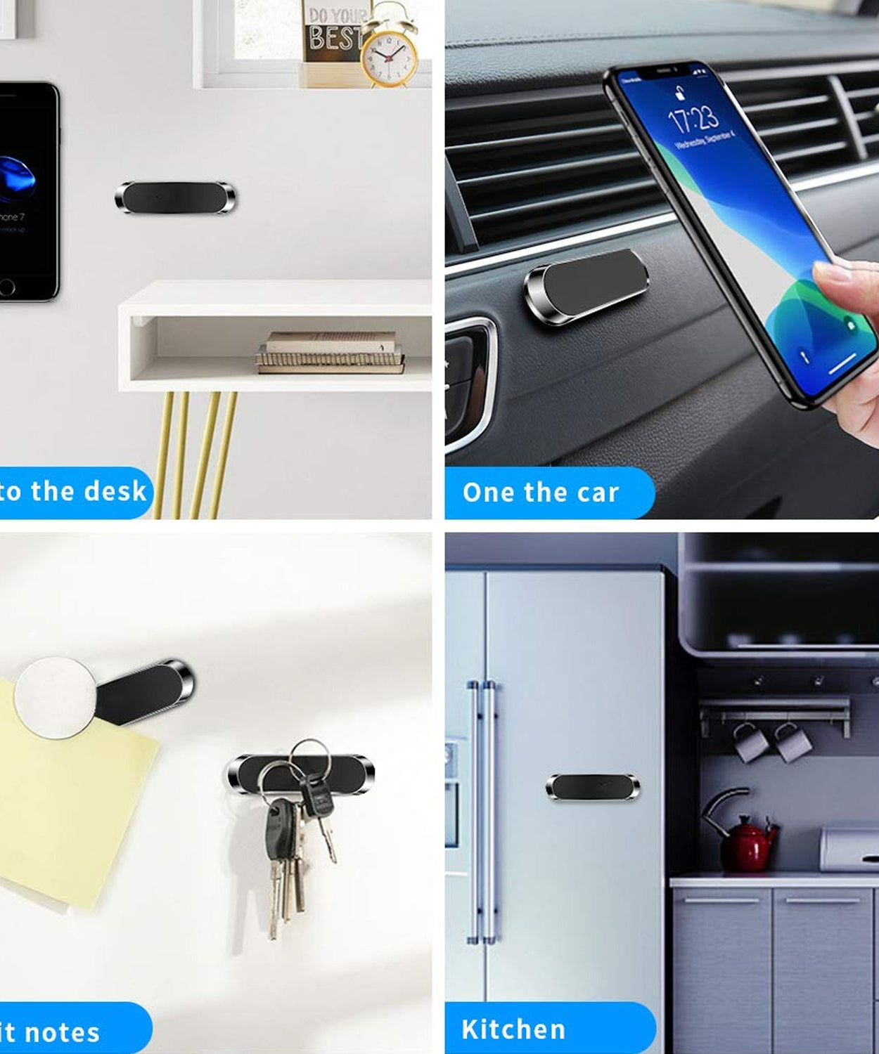 Magnetic phone holder for car, bike, or office.