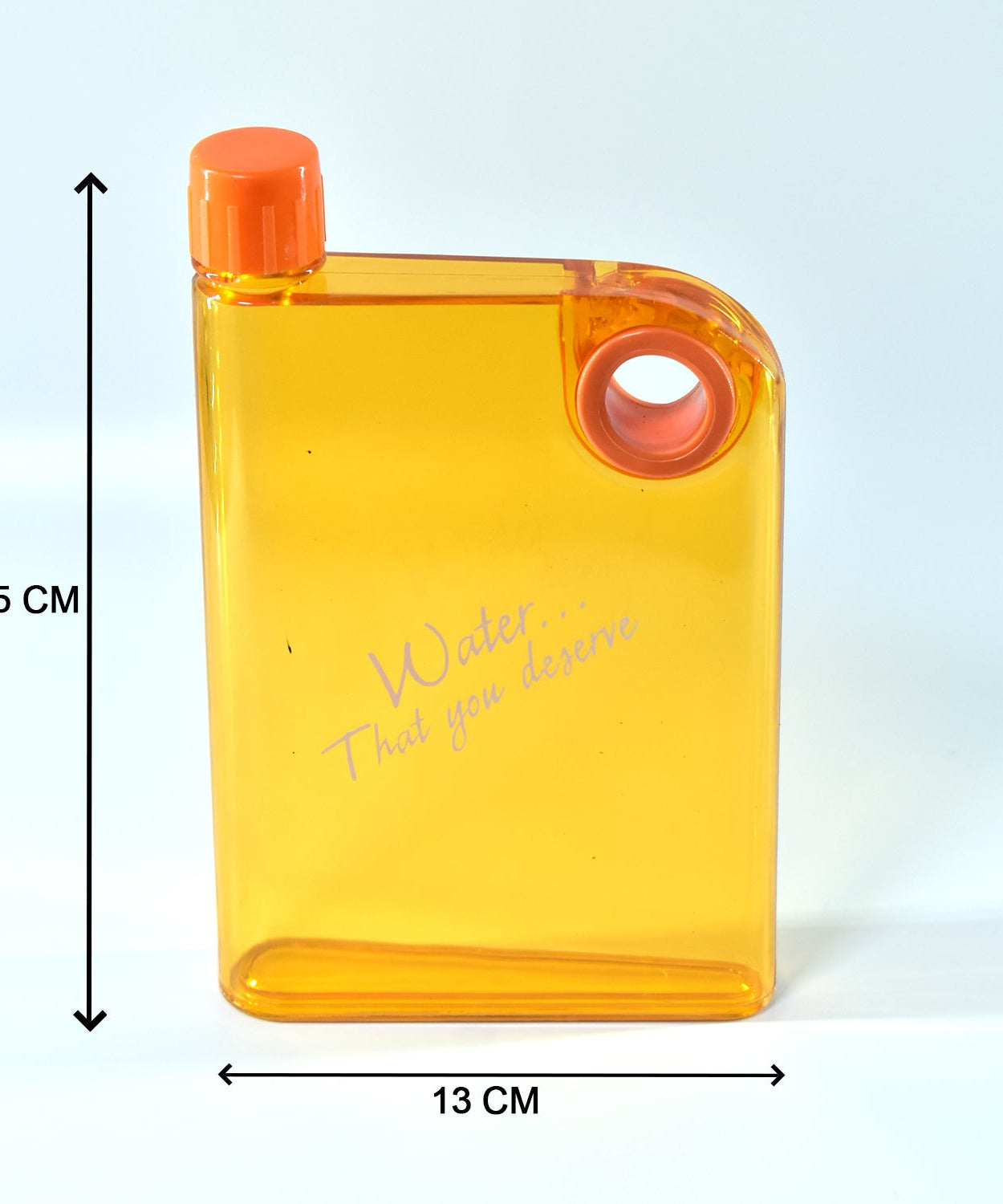 Slim multicolor water bottle designed like a notebook.