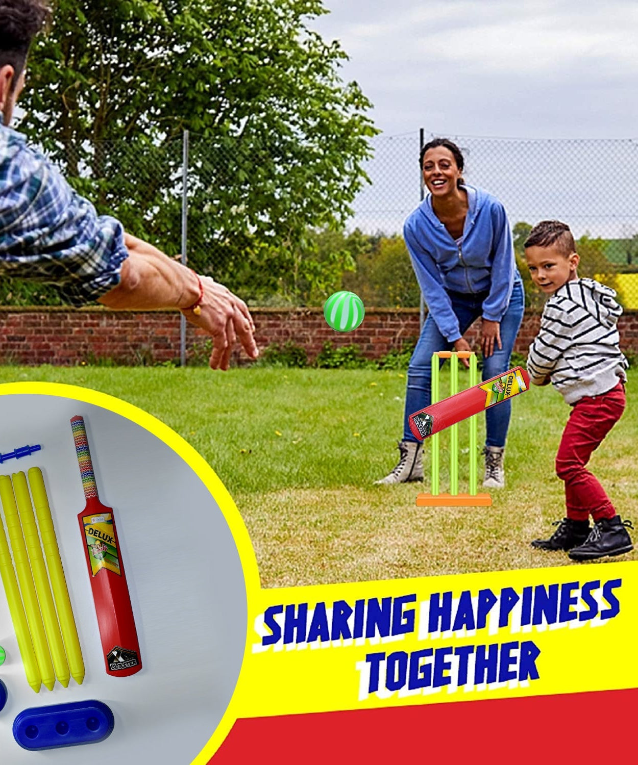 Complete cricket kit including bat, ball, and stumps