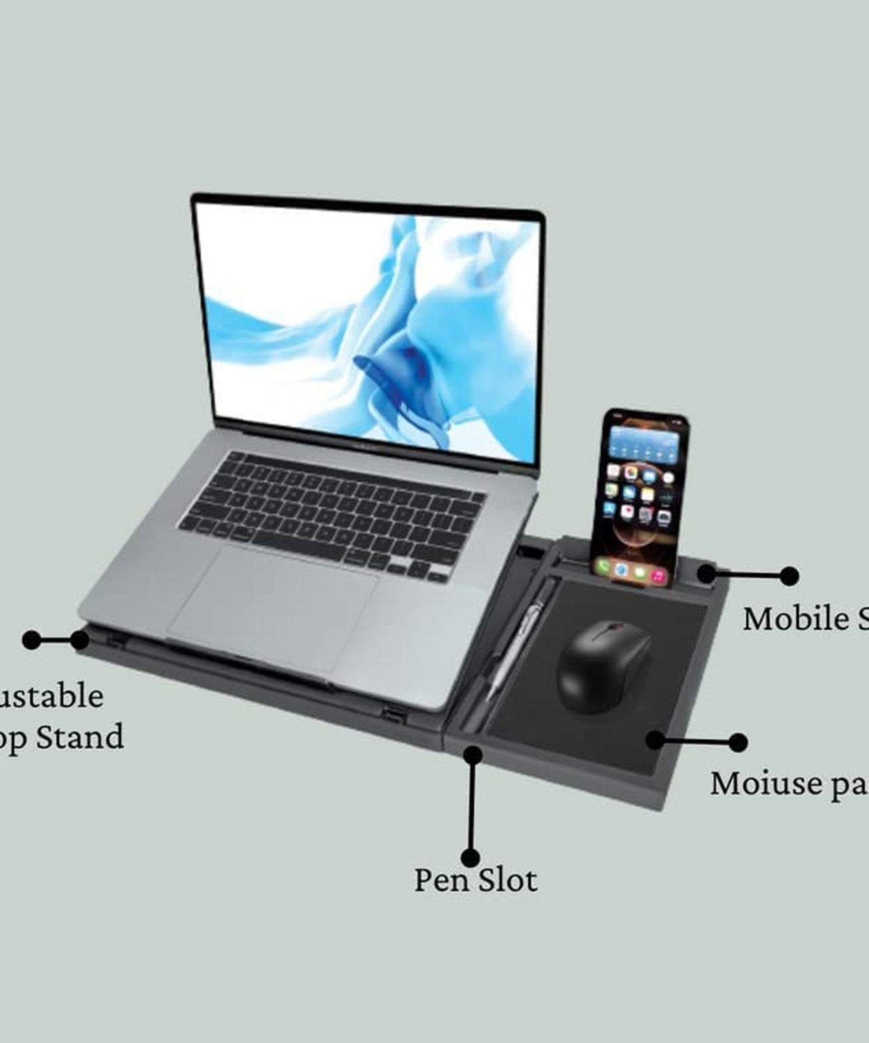Portable laptop stand with phone holder, foldable, compatible with notebooks.