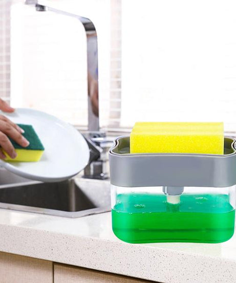 Soap dispenser with durable design and sponge holder.
