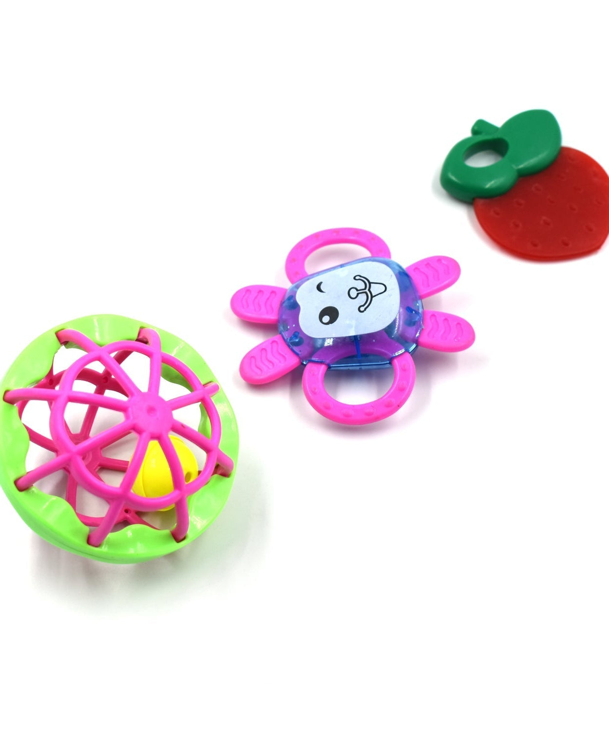 Set of three colorful baby rattles designed for sensory play and development.