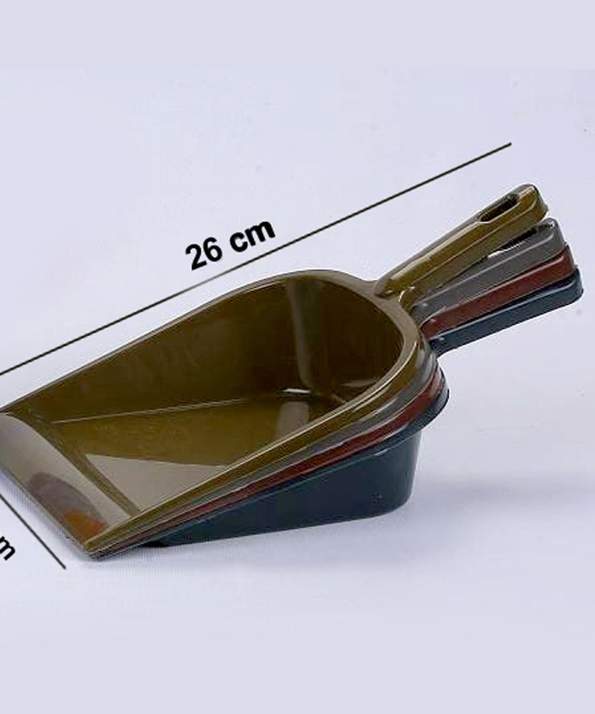 Versatile plastic dustpan with handle, perfect for home cleaning.