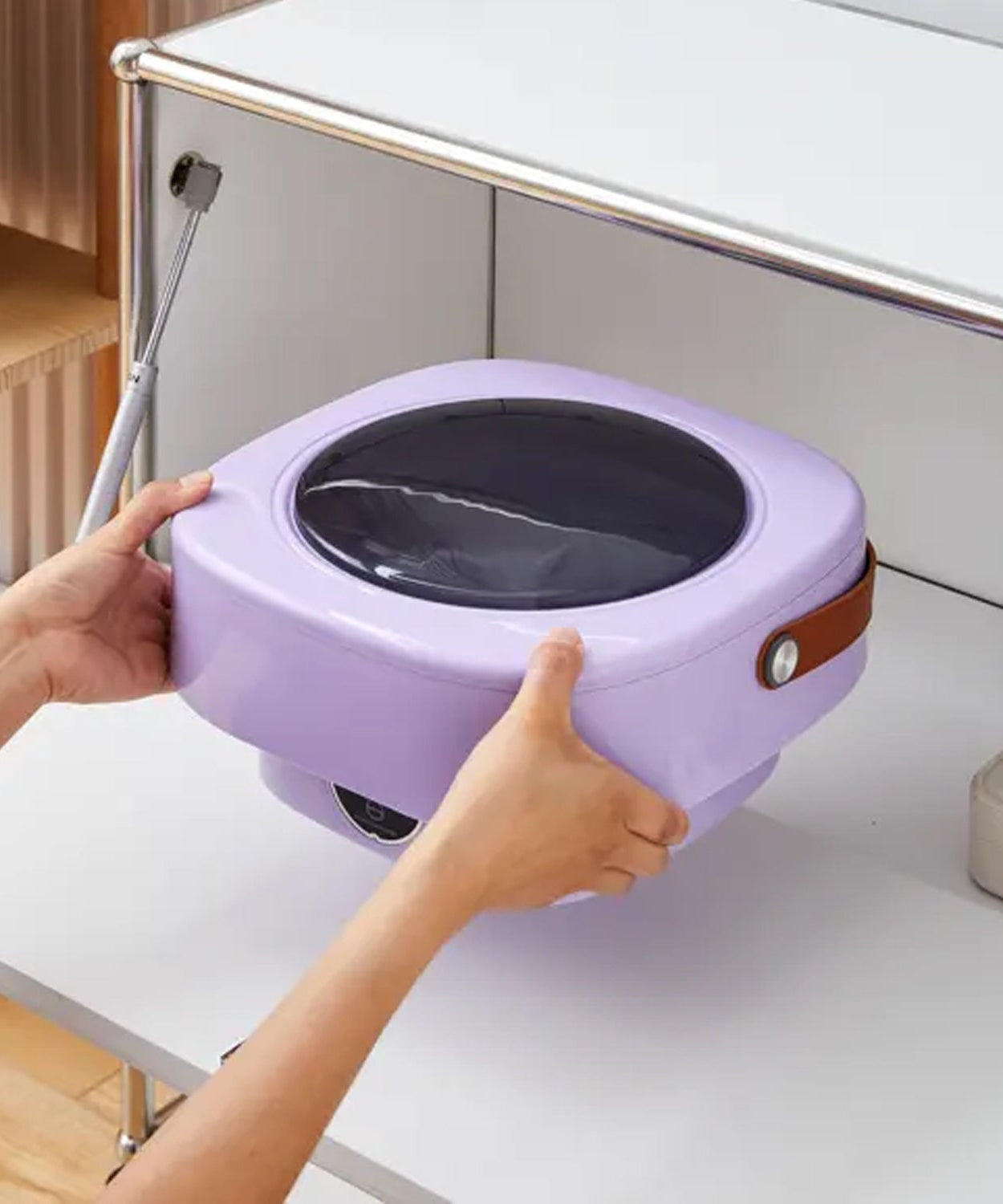 Foldable mini washer with drain basket, ideal for travel