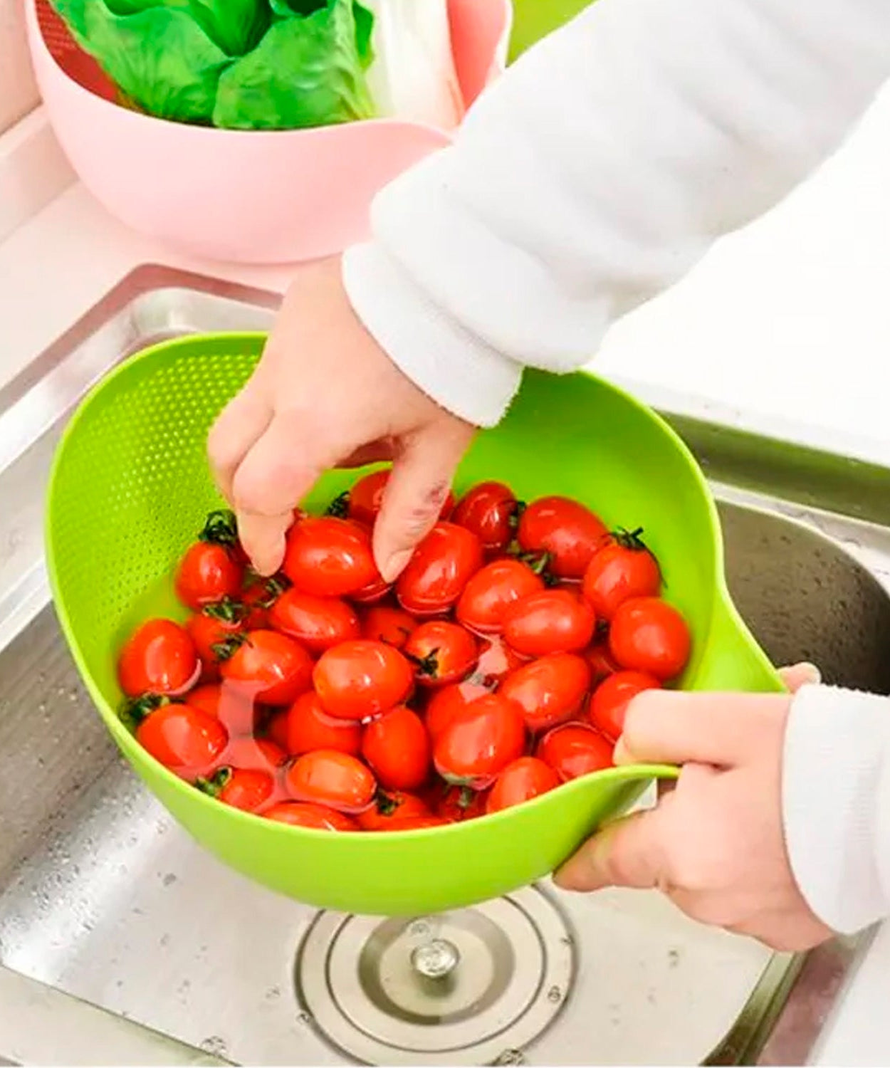 Thick drain basket rice bowl with handle, kitchen essential.