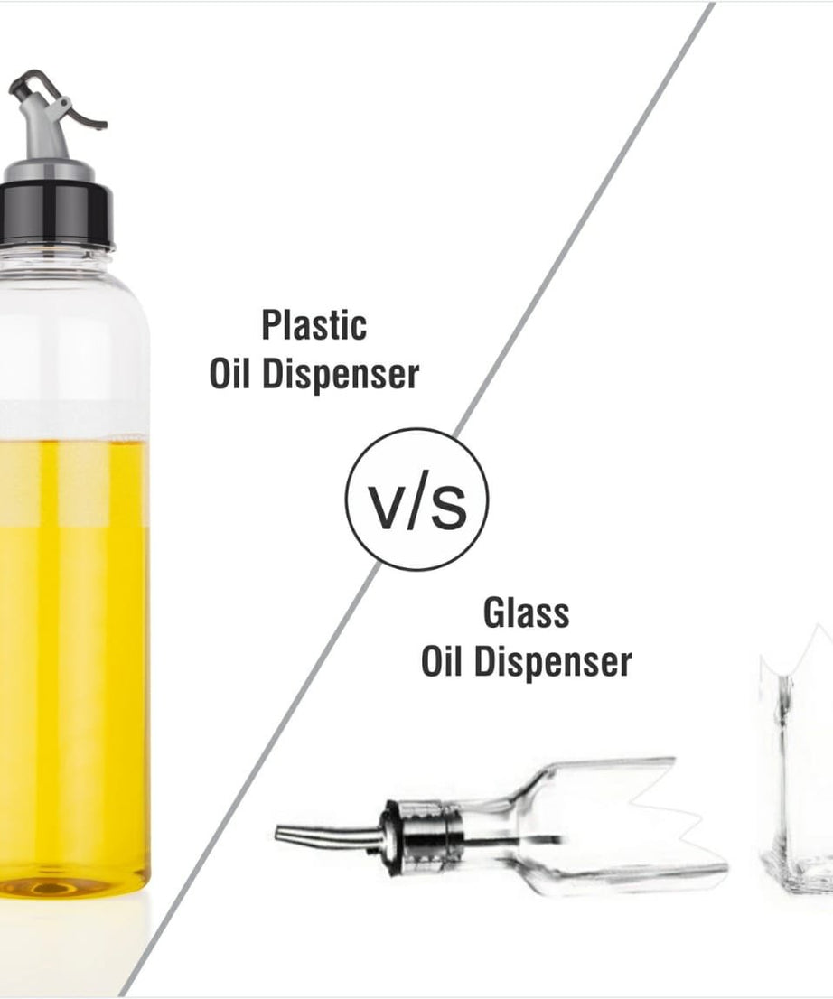 1-liter oil bottle, transparent plastic, with easy-to-use spout.