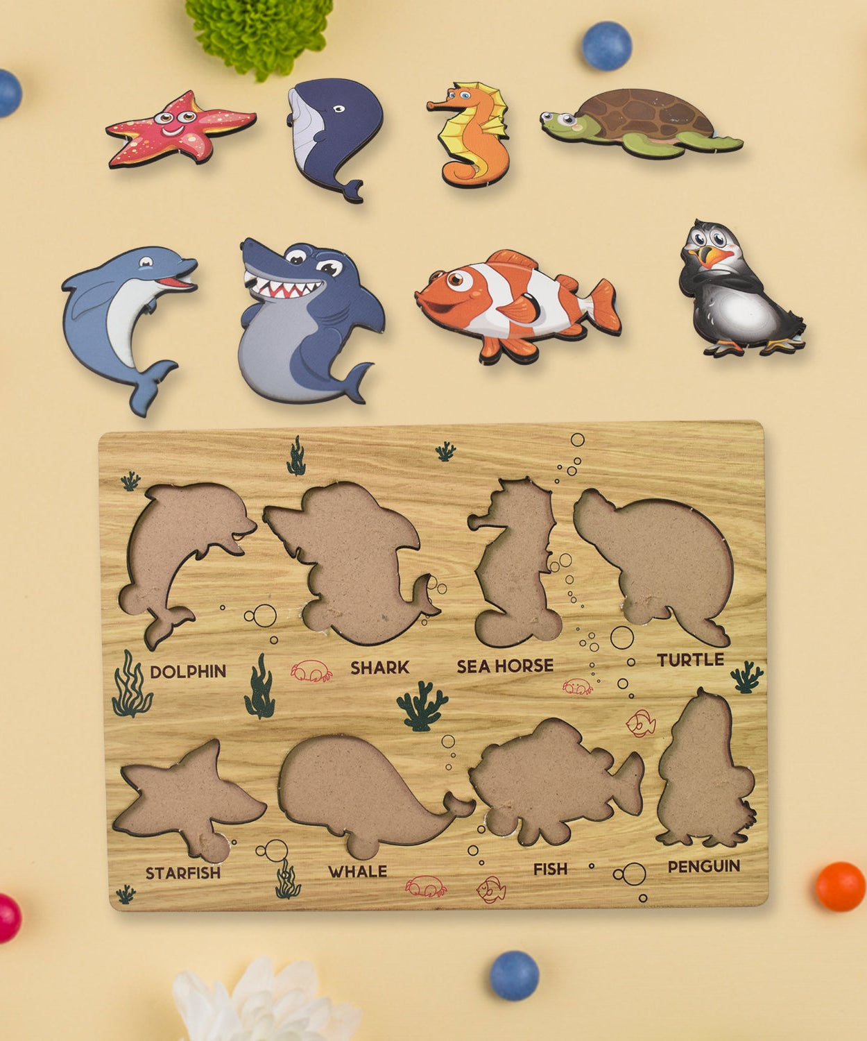 Seawater Animal Wooden Puzzle Learning Educational Board (1 Set)