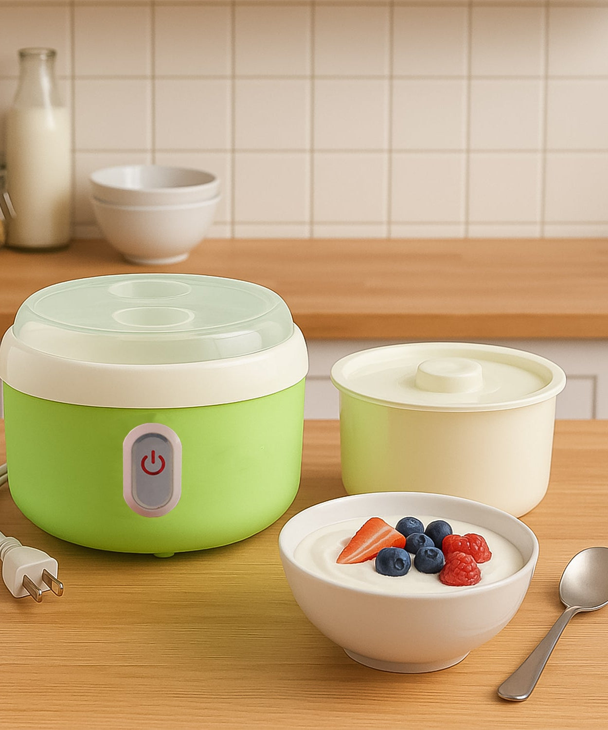 Green Electric Yogurt Maker used in all kinds of household and kitchen places for making yoghurt.