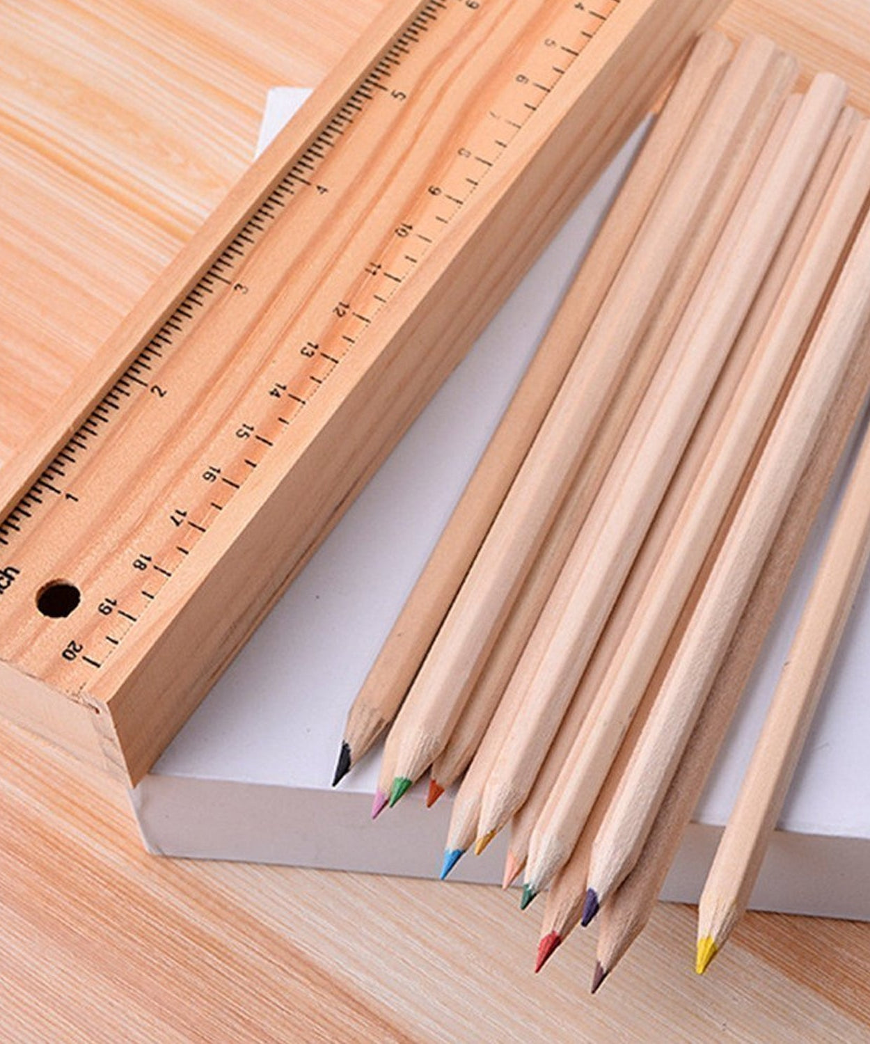 Colorful Wooden Pencil Set with Pencil box, Ruler, Sharpener For for Kids, Artist, Architect (12 Pcs Set)