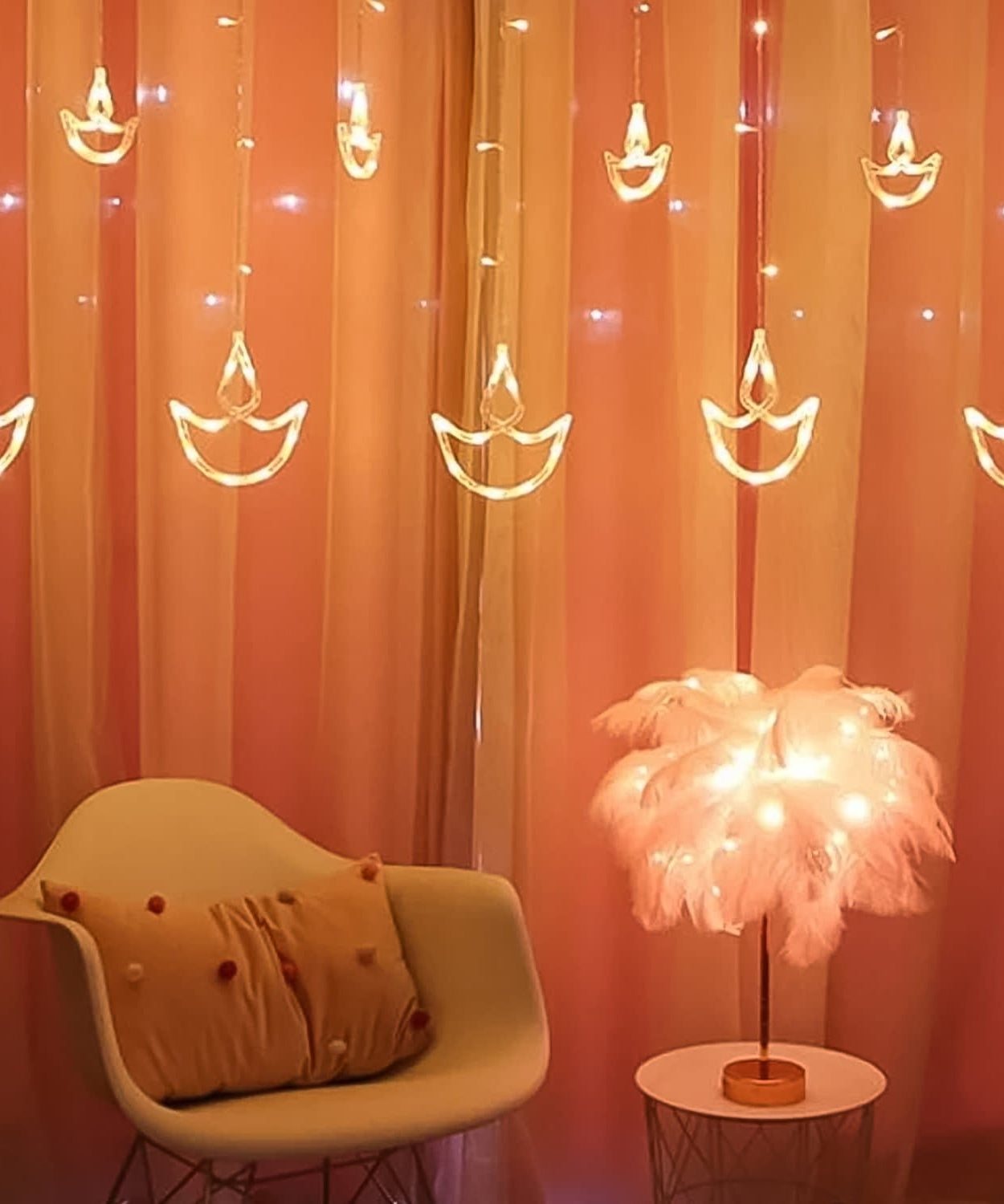 12 Diya Curtain String Lights, Window Curtain Lights with 8 Flashing Modes Decoration Light (White Color)