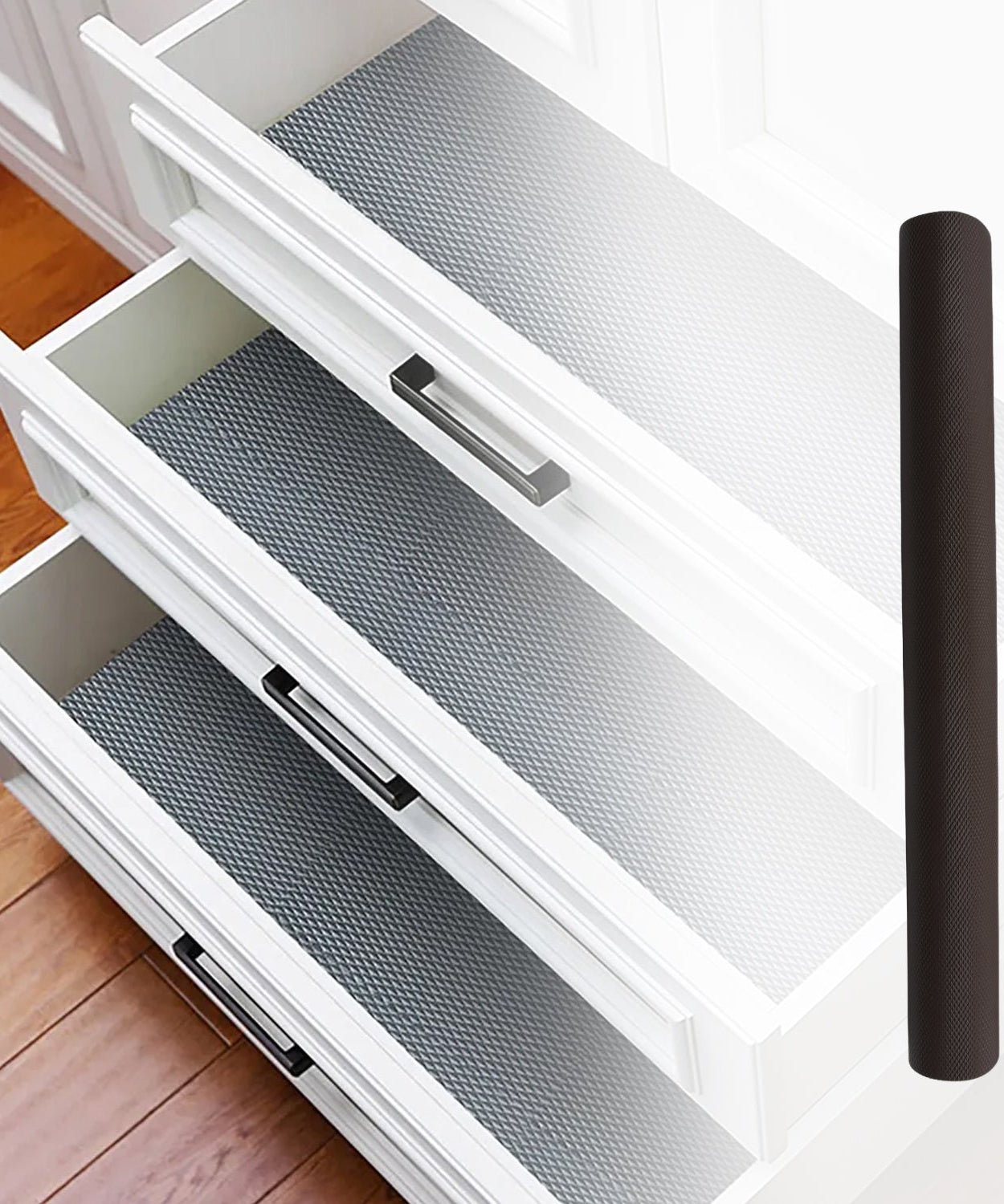 Detailed view of anti-slip mat liner roll in kitchen and bathroom settings.