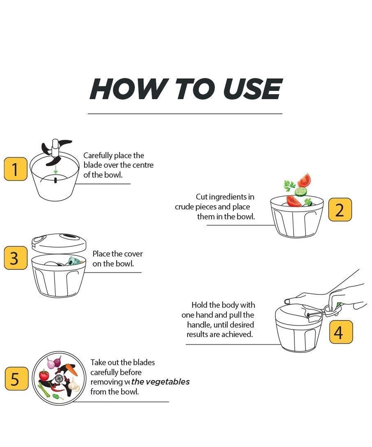 Vegetable chopper with a clear bowl and five stainless steel blades