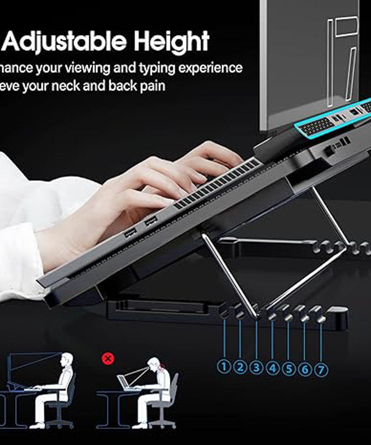 Laptop Cooler Cooling Pad with 2 Quiet Led Fans, Dual USB Ports, Portable Ultra Slim USB Powered 7 Heights Adjustable Laptop Stand for Gaming Laptop