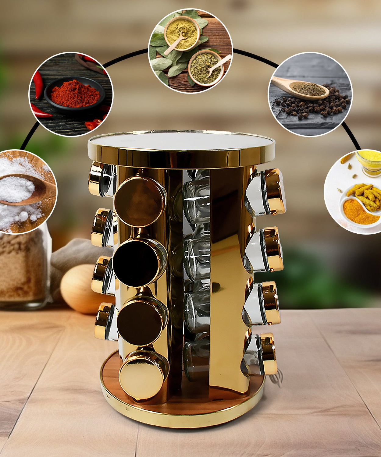 LED Spice Rack Organizer, Rotating Spice Rack with Free 16 Seasoning Jars, Revolving Tower Organizer Stainless Steel for Kitchen Storage (Golden / 16 Pc / MOQ - 6 pc)