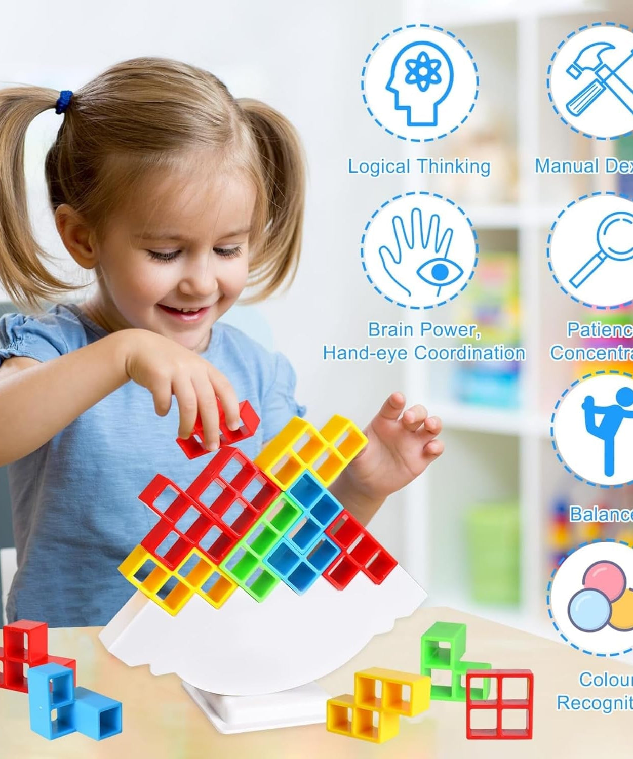 3D Tower Game, Tower Balance Game, Tower Stacking Game Adult Kid Tower Stacking Blocks Balance Game Blocks Building Toys for Kids Age 3+ Years (16 Pcs Set)