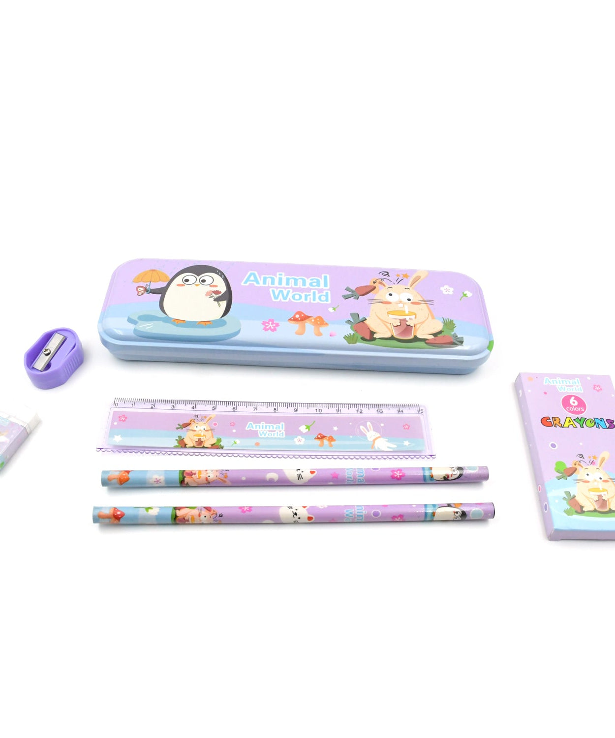 Stationery Kit for Kids - Metal Pencil Box, Sharpener, Pencil & Eraser (12 Pc Set)