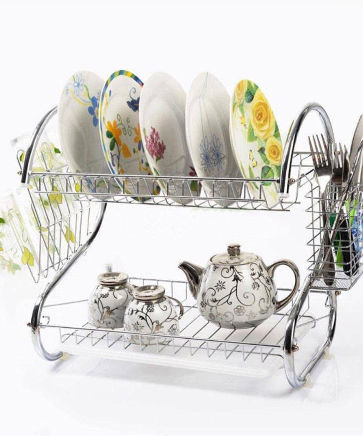Stainless steel kitchen rack with 2 layers for organizing plates and cutlery